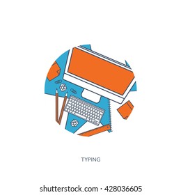 Vector illustration. Flat laptop. Tell your story. Author. Blogging. Message.Lined, outline.