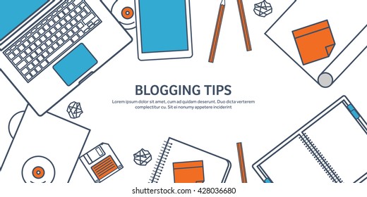 Vector illustration. Flat laptop. Tell your story. Author. Blogging. Message. Lined, outline.