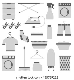 Vector illustration with flat laundry room objects. Washing machine, dryer, iron, clothes hanger, ironing board, laundry basket. Vector house interior icons. Household flat equipment for laundry
