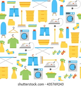 Vector illustration with flat laundry room background. Washing machine, dryer, iron, clothes hanger, ironing board, laundry basket. Vector house interior icons. Household flat equipment for laundry