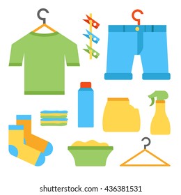 Vector illustration with flat laundry room objects. Clothes hanger, laundry basket, clean cloth, washing powder, sprayer, clothespins. Vector house interior icons. Household flat equipment for laundry