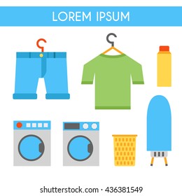 Vector illustration with flat laundry room objects. Washing machine, dryer, clothes hanger, ironing board, laundry basket. Vector house interior icons. Household flat equipment for laundry