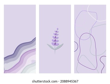 vector illustration flat lavender, triptych concept of lavender, aromatherapy, abstract drawing, wallpaper for smartphone screen in lavender delicate shades