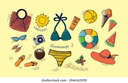 Сolor vector illustration flat lay of beach. Beach accessories set, ball, swimsuit, hat, glasses, earrings, slippers, swimming circle, bag, camera, ice cream, cocktail, watermelon. Hello summer. 