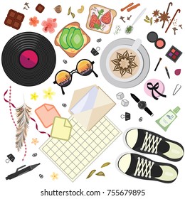 vector illustration of flat lay composition of different office stationery and fashion style items for blogger picture on daily life concept