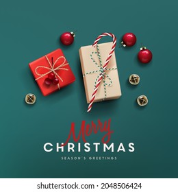 Vector illustration with flat lay realistic Christmas symbols. Christmas greeting card.