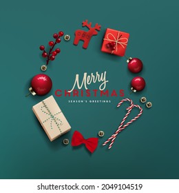 Vector illustration with flat lay realistic Christmas symbols. Christmas greeting card with wreath.