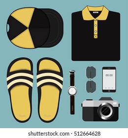 Vector illustration flat lay style set of travel fashion accessory.