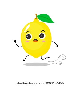 Vector illustration of a flat lemon character with cute run in hurry  expression isolated on white background, collection of simple minimal style, fresh fruit for mascot, emoticon