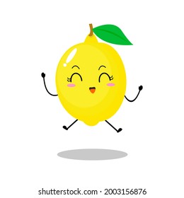 Ilustración vectorial de un personaje de limón plano con expresión de salto feliz lindo aislado en fondo blanco, colección de estilo simple mínimo, fruta fresca para mascota, emoticono