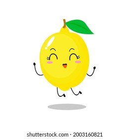 Vector illustration of a flat lemon character with cute cheerful jump expression isolated on white background, collection of simple minimal style, fresh fruit for mascot, emoticon