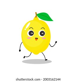 Vector illustration of a flat lemon character with cute walk expression isolated on white background, collection of simple minimal style, fresh fruit for mascot, emoticon