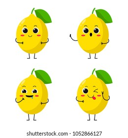 Vector Illustration Flat Lemon Cute Character expression emotion collection set isolated on white background , minimal style , Raw materials fresh fruit , Mascot product