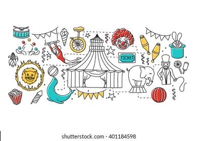 vector illustration of flat line art design of Circus concept