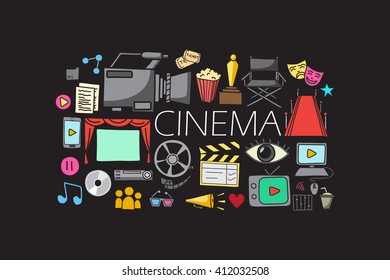 vector illustration of flat line art design of Entertainment and Cinema concept
