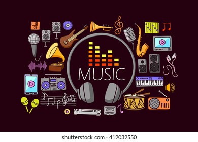 vector illustration of flat line art design of  music concept for web design template