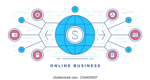 Vector illustration of flat line banner with globe and money colorful graphic icons designed for website promoting online business services. Linear style design template.
