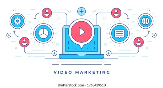 Vector illustration of flat line banner with modern laptop and graphic icons designed for video marketing services in social media. Linear style design template.