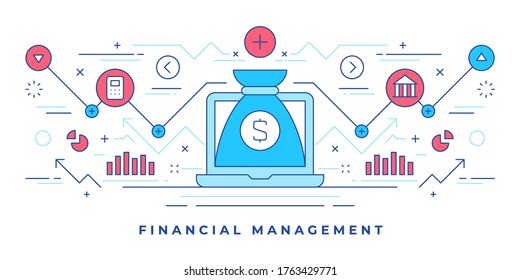 Vector illustration of flat line banner with money bag on laptop and graphic icons designed for financial management promotion on website. Linear style design template.