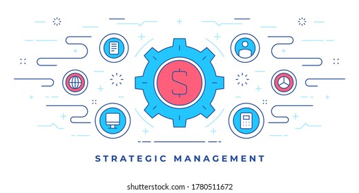 Vector illustration of flat line banner with colorful gear with money symbol and icons designed for strategic management marketing campaign. Linear style design template.