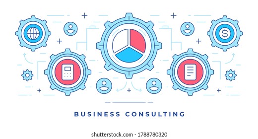 Ilustración vectorial de banner de línea plana con engranajes gráficos con íconos para la campaña de marketing de consultoría de negocios en medios sociales. Plantilla de diseño de estilo lineal.