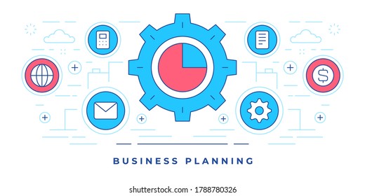 Vector illustration of flat line banner with graphic gear and icons created for modern website offering business planning services. Linear style design template.