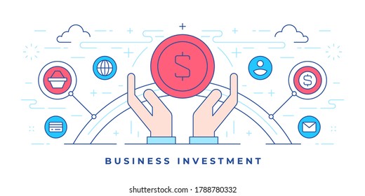 Ilustración vectorial de banner de línea plana con mano humana donando dinero creado para la campaña de marketing de inversión empresarial en medios sociales. Plantilla de diseño de estilo lineal.
