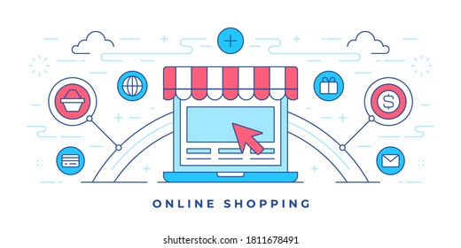 Vector illustration of flat line banner with graphic icons around store shaped laptop for modern website promoting online shopping. Linear style design template.