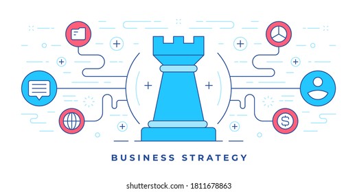 Vector illustration of flat line banner design with icons around chess piece for modern website offering business strategy solutions. Linear style design template.