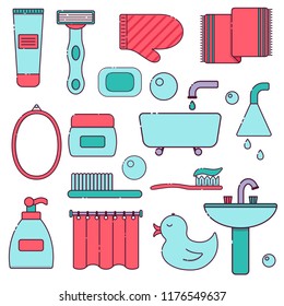 Vector illustration with flat line cartoon bathroom background. Circle background with soap, cosmetics, duck toy, bathroom towel, mirror, brush. Cartoon cute concept