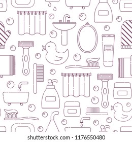 Vector illustration with flat line cartoon bathroom background. Circle background with soap, cosmetics, duck toy, bathroom towel, mirror, brush. Cartoon cute bathroom concept