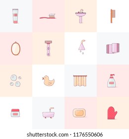 Vector illustration with flat line cartoon bathroom background. Circle background with soap, cosmetics, duck toy, bathroom towel, mirror, brush. Cartoon cute bathroom concept
