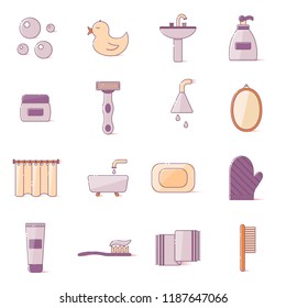 Vector illustration with flat line cartoon bathroom background. Circle background with bathroom soap, cosmetics, duck, bathroom towel, mirror, brush. Cartoon cute bathroom concept