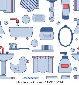 Vector illustration with flat line cartoon bathroom background. Circle background with bathroom soap, cosmetics, duck, bathroom towel, mirror, brush. Cartoon cute bathroom concept