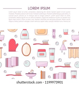 Vector illustration with flat line cartoon bathroom background. Circle background with bathroom soap, cosmetics, duck, bathroom towel, mirror, brush. Cartoon cute bathroom concept