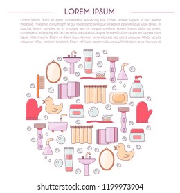 Vector illustration with flat line cartoon bathroom background. Circle background with bathroom soap, cosmetics, duck, bathroom towel, mirror, brush. Cartoon cute bathroom concept