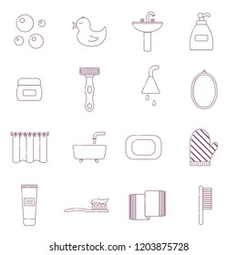Vector illustration with flat line cartoon bathroom background. Circle background with bathroom soap, cosmetics, duck, bathroom towel, mirror, brush. Cartoon cute bathroom concept