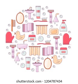 Vector illustration with flat line cartoon bathroom background. Circle background with bathroom soap, cosmetics, duck, bathroom towel, mirror, brush. Cartoon cute bathroom concept