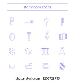 Vector illustration with flat line cartoon bathroom background. Circle background with bathroom soap, cosmetics, duck, bathroom towel, mirror, brush. Cartoon cute bathroom concept
