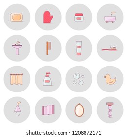 Vector illustration with flat line cartoon bathroom background. Circle background with bathroom soap, cosmetics, duck, bathroom towel, mirror, brush. Cartoon cute bathroom concept