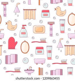 Vector illustration with flat line cartoon bathroom background. Circle background with bathroom soap, cosmetics, duck, bathroom towel, mirror, brush. Cartoon cute bathroom concept