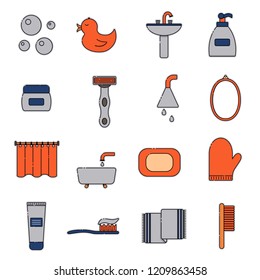 Vector illustration with flat line cartoon bathroom background. Circle background with bathroom soap, cosmetics, duck, bathroom towel, mirror, brush. Cartoon cute bathroom concept