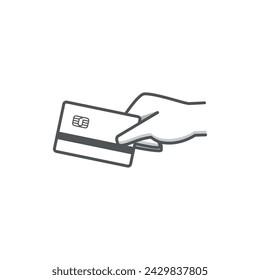 Vektor-Illustration des flachen Linien-Design in der Hand der ATM-Karte, Kreditkarte usw.,