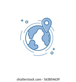 Vector illustration of flat line earth with map pin icon. Graphic design concept of navigation. Use in Web Project and Applications. Blue outline isolated object.