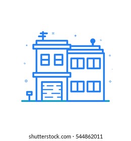 Vector illustration of flat line home icon. Graphic design concept of house rent. Use in Web Project and Applications. Blue outline isolated object.