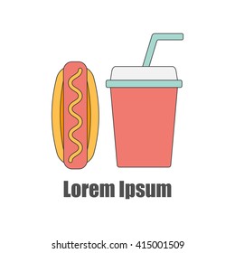 Vector illustration with flat line hot dog and soda. American fast food concept. Vector logo for fast food cafe, restaurant menu design. Unhealthy high caloric junk food. Hot dog with mustard and soda
