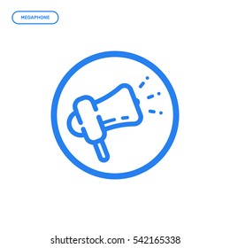Vector illustration of flat line megaphone icon. Graphic design concept of digital marketing. Use in Web Project and Applications. Blue outline isolated object.