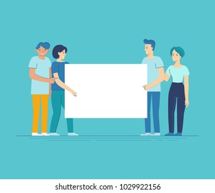 Vector illustration in flat line style - team of happy people holding white placard with copy space for text - announcement banner for advertising for new business - collaboration and teamwork concept