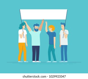 Vector illustration in flat line style - team of happy people holding white placard with copy space for text - announcement banner for advertising for new business - collaboration and teamwork concept