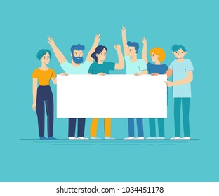 Vector illustration in flat line style - team of happy people holding white placard with copy space for text - announcement banner for advertising for new business - collaboration and teamwork concept